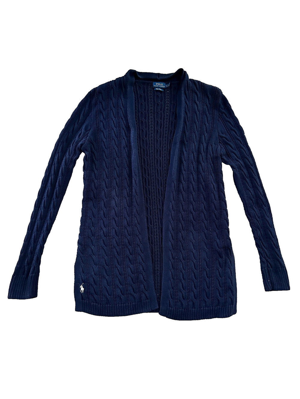 Polo Ralph Lauren Navy Blue Cable Knit Open Front Cardigan Polo Pony Duster M